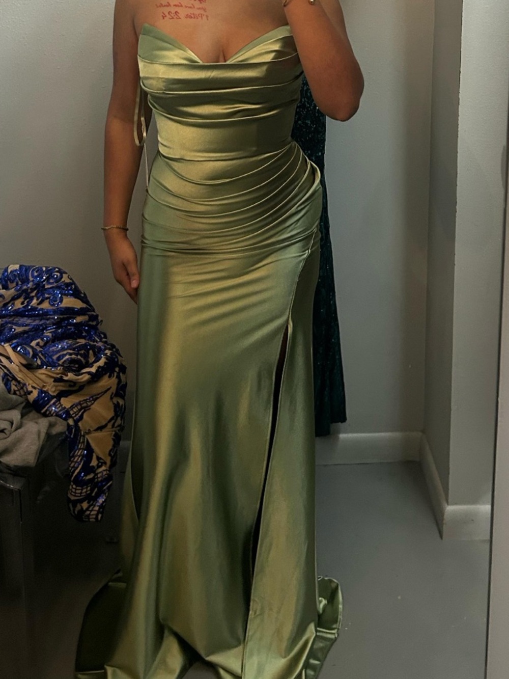 Satin Olive Green Silk Strapless Evening Gown worn once!